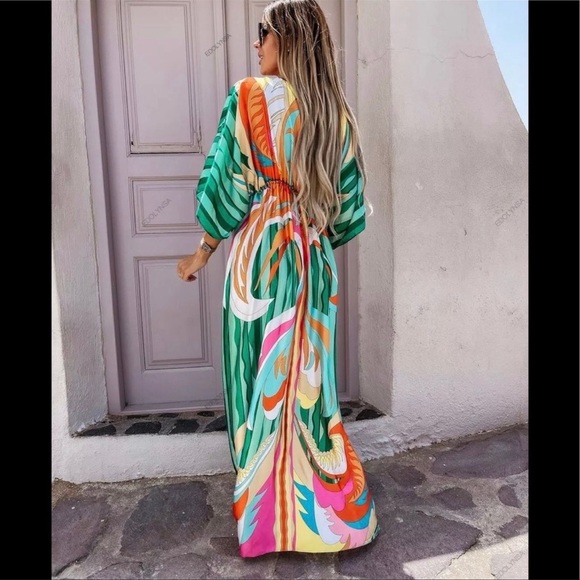 Bohemian Emerald Hippie Print Summer Beach Slit Maxi Dress In Green Mixed Media - Picture 3 of 6